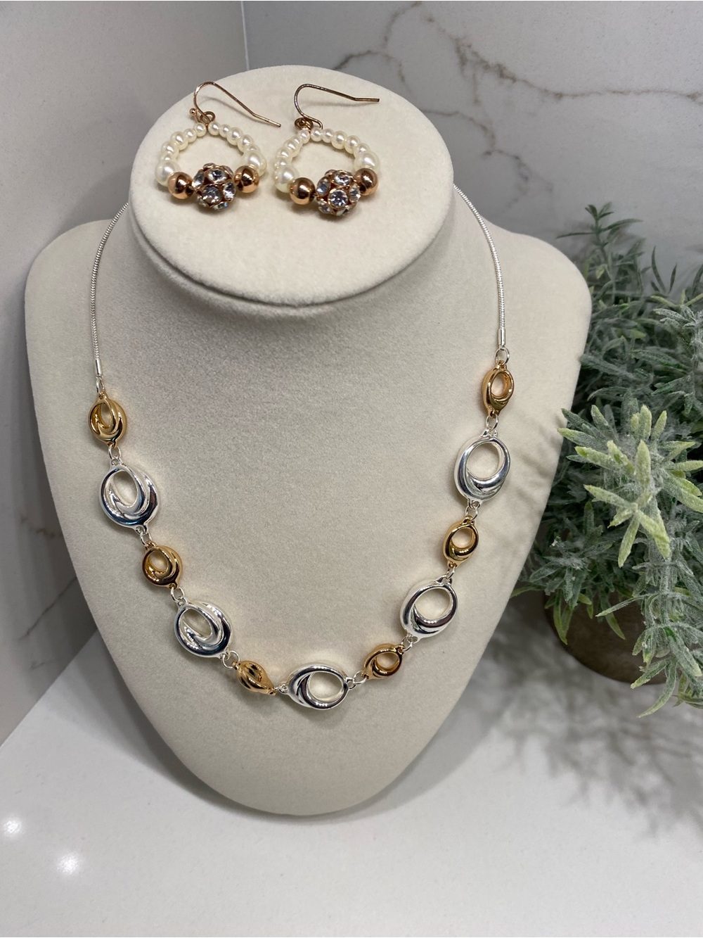 Two-Tone Silver & Gold Linked Necklace with Matching Earrings - Women Jewelry